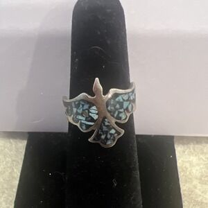 VINTAGE NAVAJO STERLING SILVER NATIVE AMERICAN TURQUOISE PEYOTE BIRD INLAY RING
